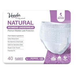 Veeda Natural Adult Incontinence Underwear for Women - Postpartum Underwear for Bladder Leakage Protection - Disposable Underwear with Maximum Absorbency - Large Size - 40 Count