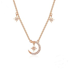 ZARD CZ Pave Crescent Moon and Stars Pendant Necklace Choker in Sterling Silver