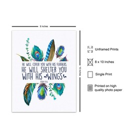 He Will Cover You With His Feathers Wall Art - Scripture Bible Verse Wall Decor - Religious Christian Gifts for Women, Girls - Inspirational Spiritual Room Decoration - Feathers Wall Decor - Psalm 91