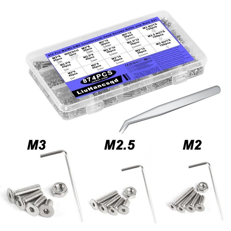 M2 M2.5 M3 Screws Set, 874 Pcs Flat Hex Socket