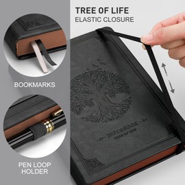 RETTACY A5 Dotted Notebook, Leather Hardcover, Bullet Dot Grid Journal, 256 Numbered Pages for Writing, Inner Pocket, 120 GSM Paper, for Women Men, Notes, Doodling, 14.5 x 21 cm, Black