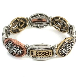 Western Collection Blessed Cross Charms Verse Floral Embroidery Silver Copper Patina Color Stretch Bracelet (Gold)