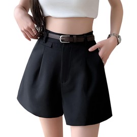 Laisve Women's Belted Shorts, Half Pants, Short Pants, with Pockets, High Waist, Cool, Loose, Culotte, Solid, Summer, Body Coverage, Commuting, School, Cute, Black, L