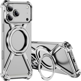 Skeleton Case for AAB Pro Max Titanium Style Military-Grade Drop Protection 360° Rotating Kickstand Ring Grip Compatible with Quick Charge Bumper for Apple AAB Pro Max. JJ Silver