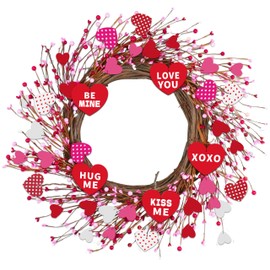 Kenburg Kenburg 20'' Valentine’s Day Wreaths, Artificial Wreath for Front Door, Farmhouse Wood Heart Shaped Wreath with Berries, Valentines Decorations for Wedding Anniversary Indoor Outdoor - Red Pink White