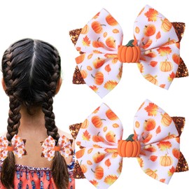 Hair Bow Clips Glitter Pumpkin Hair Bows Thanksgiving Day Orange Hair Clip Autumn Bowknot Hairpins Hairgrips for Ribbon Barrette Thanksgiving Day Headwear Hair Access 2PCS
