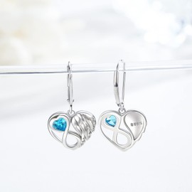 arete de alas de ángel de plata de ley con forma de corazón infinito, alas de circonita cúbica azul, símbolo infinito, arete para el día de la madre, alas de ángel, alas de ángel, regalos para