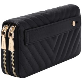 B BRENTANO B BRENTANO Vegan Leather Double Zipper Pocket Wallet with Grip Hand Strap (Chevron Embroidered Black)