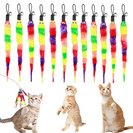 Amaxiu Cat Toys, 12pcs Rainbow Cat Worm Toys Cat Wand Toy Replacement Refills Cat Feather Toys Interactive Fluffy Worms Toys with Bells for Indoor Cats Kitten Training Accessories