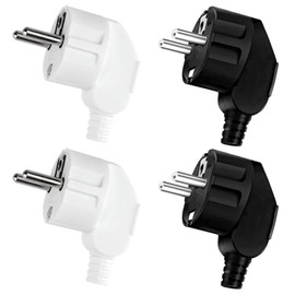 Powice Pack of 4 Schuko Plugs, Schuko Plug, Waterproof, Schuko Plug, Splash-proof Plug 230 V with Strain Relief, (Black + White)