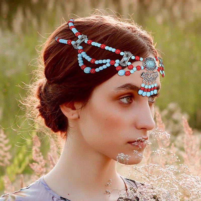 Urieo Boho Turquoise Head Chain Blue Layered Beaded Forehead Chain