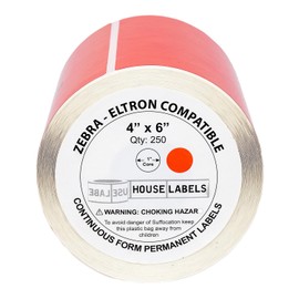 HOUSELABELS 4" x 6" Red Shipping Labels on 1" Core Compatible with Zebra and Rollo Printers, 1 Roll / 250 Labels per Roll