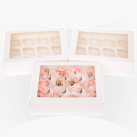 qiqee Auto-pop Up Cupcake Boxes with Window White 40PCS 12 Count Cupcake Box 13"x10"x3.5" Cupcakes Carrier, 12 Cupcake Containers with 2 rolls of pink ribbons