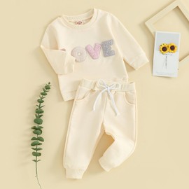 Socutebabe Baby Girl Clothes Newborn Infant Fall Winter Outfits Love Print Long Sleeve Sweatshirts Tops Pants Set 0-24M (LOVE-Apricot,12-18 Months)