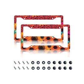 GACCAP License Plate Frame 2 Pack Front Rear Aluminum Metal Rust-Proof Universal Car Tag Frames Holder with 4 Holes Car Decor Accessory with Screws for Men Women - Leopard Sunflower