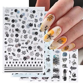 Fall Nail Art Stickers Decals Leaf 8Pcs 3D Self-Adhesive Holographic Gold Black Silver Leaf Manicuring Foils Geometric Slider Nail Art Adhesive Decor (Silver)