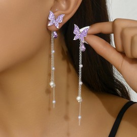 Purple Butterfly and Crystal Tassel Earrings - Elegant Wedding, Prom, Dating 925 Silver Jewelry, Medium, Silver, metal