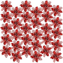Loutas bowdee 30 Pcs 5.7 Inches Glitter Christmas Flowers Poinsettias Flowers for Wedding Christmas Tree Wreath Decoration (Red)