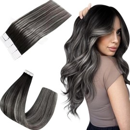 Easyouth #1B/Silver/1B Tape-In Hair Extensions, Balayage, Real Hair, Remy, Colour Off-Black, Silver and Off-Black Mix, 40 cm, 40 g
