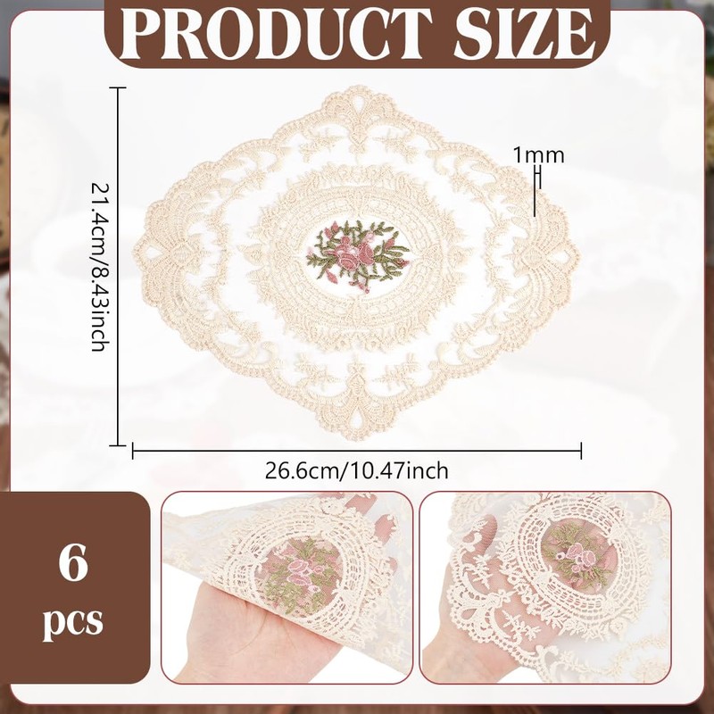 BENECREAT レースプレイスマット 6枚26.6ｘ21.4cm ヴィンテージ レースカップコースター ドイリーマット 花柄刺繍 花瓶敷き 滑り止め テーブルマット