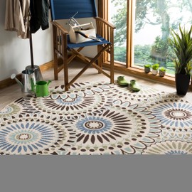 SAFAVIEH Veranda Collection 8' Round Cream/Blue VER091 Boho Floral Indoor/ Outdoor Non-Shedding Easy Patio Backyard Porch Deck Mudroom Area Rug