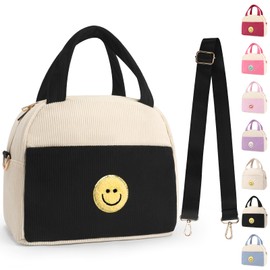 Kids Lunch Bag Lunch Box for Teen Girls Boys Back to School, Cute Preppy Lunchbox With Adjustable Shoulder Strap, Insulated Corduroy Lunch-Boxes Lunch-Bags for Women Work Picnic (Black)