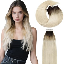 Lacer Hair 14 Inch Tape In Hair Extensions Human Hair Platinum Blonde With Lightest Brown Roots Hair Extensions Tape In Invisible Seamless Human Hair 50G 20Pcs