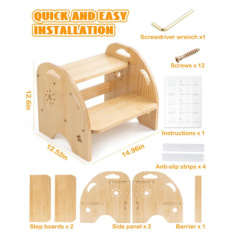 Wooden Toddler Step Stool for Kids - Non Slip 2