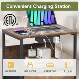 OUTONLIFE Nightstand with LED Dimmable Light & Charging Station, Narrow Bed Side Table with 2 Fabric Drawers, 2 USB Ports & AC Outlets, 3-Tier End Table with Storage Shelves for Bedroom, Living Room