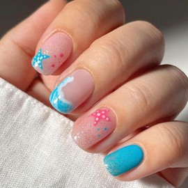 Short Press on Nails Square Blue Waves French Tip Fake Nails Starfish Glitter Design Acrylic Transparent Glue on Nails Cute Summer False Nails Square Short Nails Press ons for Girls 24Pcs