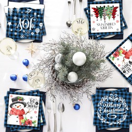 Merry Christmas Napkin Christmas Joy Party Decorations Blue Black Buffalo Plaid Snowman Christmas Tree Disposable Paper Napkin for Xmas Holiday Dinner Table Party Decor Supplies