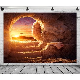 CORFOTO 8x6ft Fabric Empty Tomb of Jesus Backdrop Photography Holy Light and Cross at Sunrise Background Christian Church Events Decorations Easter Day Banner Photoshoot Booth Studio Props
