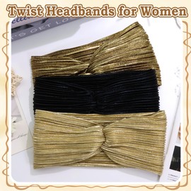 ZUYASEZ 3 Pcs Gold Headbands for Women Twist Wrinkle Head Bands Valentine's Day Non Slip Short Turban Headbands Sport Workout Hair Wraps Accessories for Thin Thick Hair