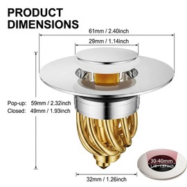 Sink Plug Replacement, Universal Brass Pop-Up Drain Stopper, Wash Basin Plug with Built-in Strainer, Push Type Sink Strainer for Bathroom Sink, 33-40mm Drain Holes