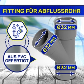 Fitting for Drain Pipe with 45 Degree Angle Diameter 32 mm Made of PVC Sleeve Used to Connect Three Pipes - Warranty 10 Years - MONTERAL