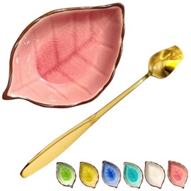 Coffee Spoon and Rest for Coffee Bar Accessories, Leaf Small Spoon Rest for Coffee Station, Tea Spoon Rest Tea Spoon Holder Teaspoon Rest, 1 PC (Ice Cracks Pink with Gold Rose Spoon)