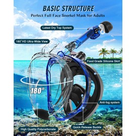 X99 Full Face Snorkel Mask for Adults, Snorkeling Gear with Latest Dry Top Breathing System Anti-Fog & Anti-Leak, 180°Panoramic View Snorkeling Set Adult with Camera Mount(Blueblack S/M)