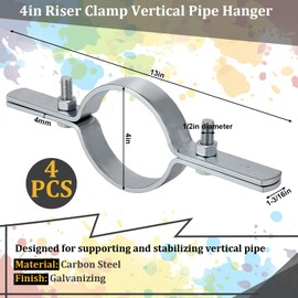 MorningRo 4 Pcs 4 Inch Pipe Riser Clamps Vertical Hanger Support, Galvanized Steel Rigid Tube Brackets Metal Pipe Hanger for Copper, Iron, Cpvc, Pex Duct Fastening