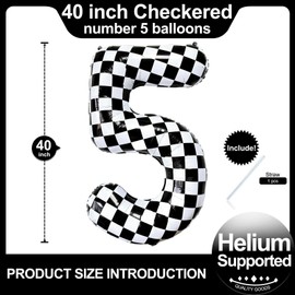 Checkered Number 5 Balloons 40 Inch Giant Race Car Checkered 5 Balloons for Racing Car Checkered Birthday Party Supplies