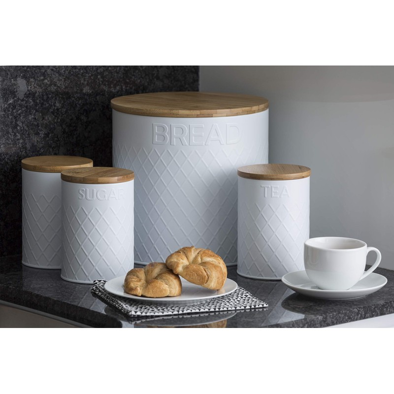 Typhoon Living Embossed Round, Stainless-Steel, White Bread Bin, 25 x