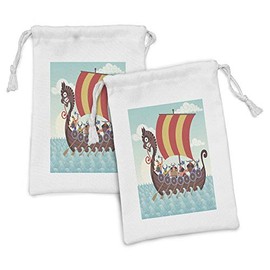 Ambesonne Vikings Fabric Pouch Set of 2, Whimsical Cartoon Illustration of Dragon Ship and Funny Characters, Small Drawstring Bag for Toiletries Masks and Favors, 9" x 6", Pale Seafoam Multicolor