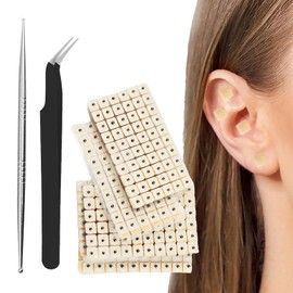 1200 Tablets Ear Seeds, Disposable Acupuncture Plasters, Ear Seeds Gold, Ear Massage Stickers with Elbow Tweezers and Meridian Pen, Acupressure Rod