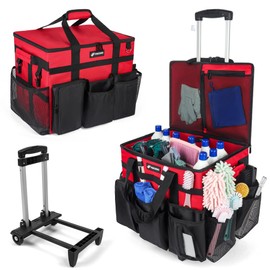 VSHXENG Rolling Cleaning Caddy Bag with Wheels, Large Cleaning Cart Detachable Trolley, Cleaning Bags for Housekeepers With Shoulder Strap & Multi Pockets for Cleaning Tools Storage (Red)