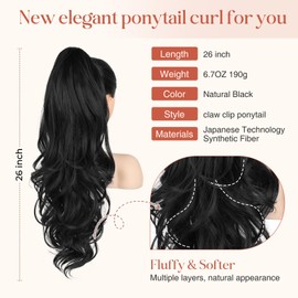 Flufymooz 26" Ponytail Extension, Long Wavy Curly Claw Clip in Ponytail Hair Extensions, Natural Synthetic Hairpiece for Women Daily Wear(Natural Black)