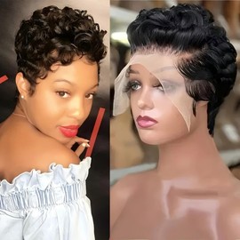 RICONEY Culry Lace Front Wig for Black Women Short Bob Wig Human Hair Pre Plucked Pixie Cut Wig 13x4 Lace Wig with Baby Hair 1B Color 150% Density