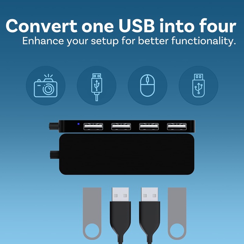 MMOBIEL 4-Port USB 2.0 Ultra Slim Data Hub Adapter Black
