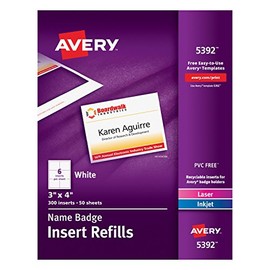 Avery Name Badge Inserts, Print or Write, 3 x 4 Inch, 300 Card Stock Refills (5392), White