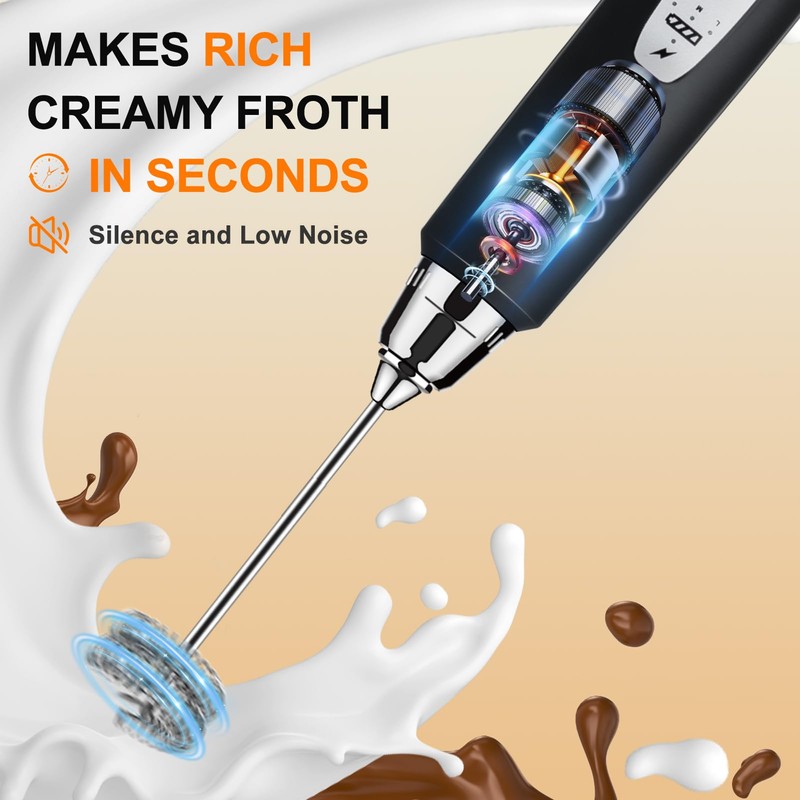 YUSWKO Black Handheld Milk Frother Wand with Stand for Coffee,