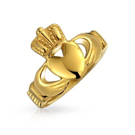 Bling Jewelry Personalize Unisex Heart Band BFF Celtic Irish Friendship Couples Promise Claddagh Ring for Men Women Teen Gold Tone Stainless Steel Customizable