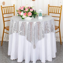 ShinyBeauty Sequin Tablecloth 36x36-Inch-Silver Square Glitter Table Cover Silver Table Cloths for Parties-190626J